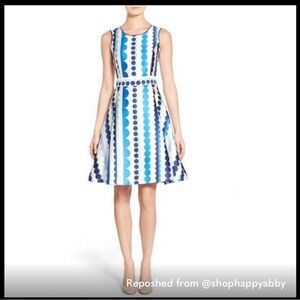 Pink Tartan sleeveless midi dress in navy and white scallop stripe